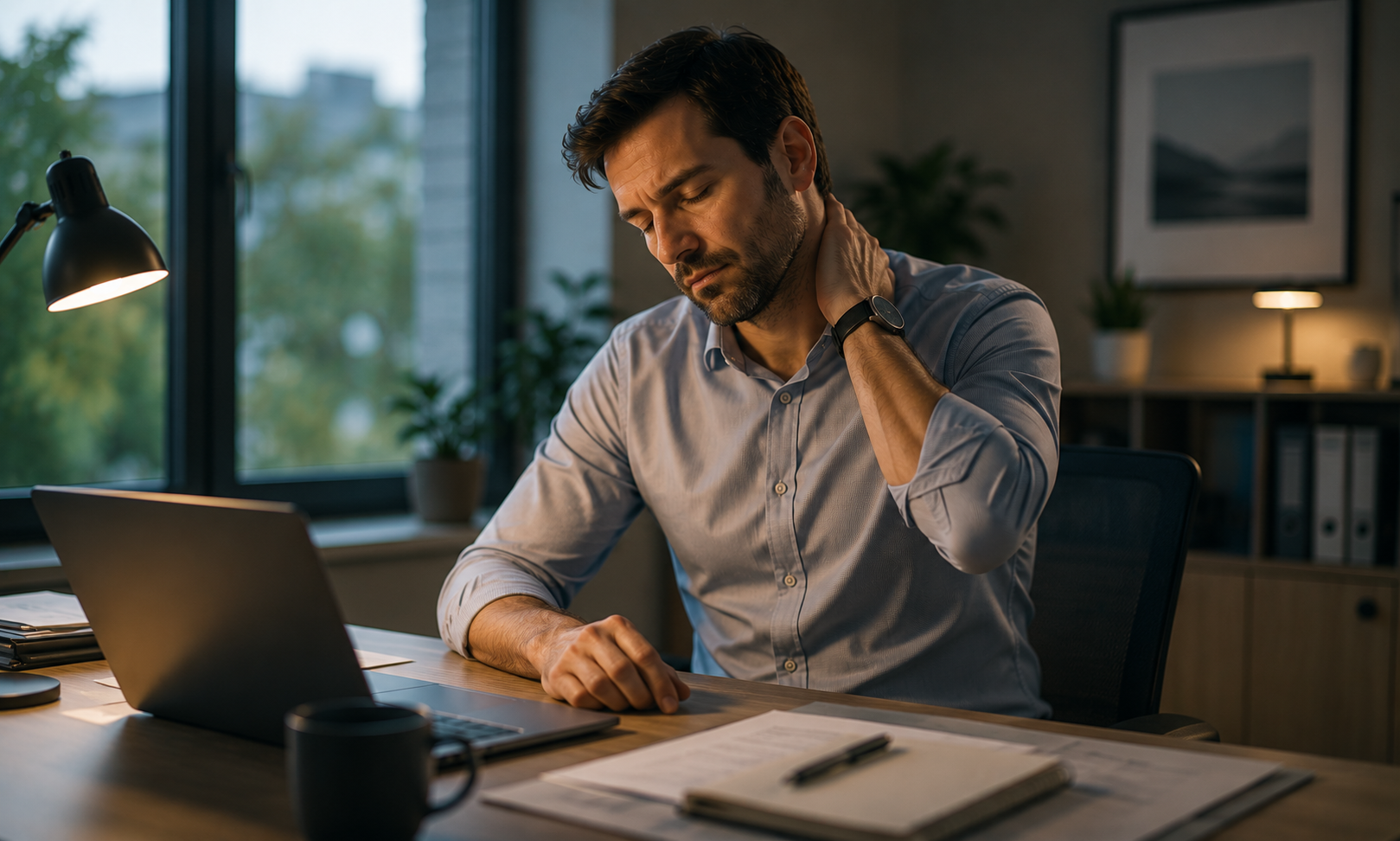 Dirigeant se massant les cervicales, illustrant la fatigue et la prévention de l'épuisement professionnel